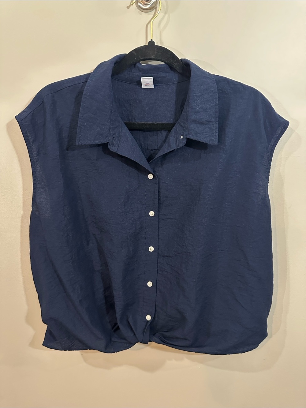 Old Navy Navy Button-Front Cap Sleeve Shirt with Front-Cinched Waist
